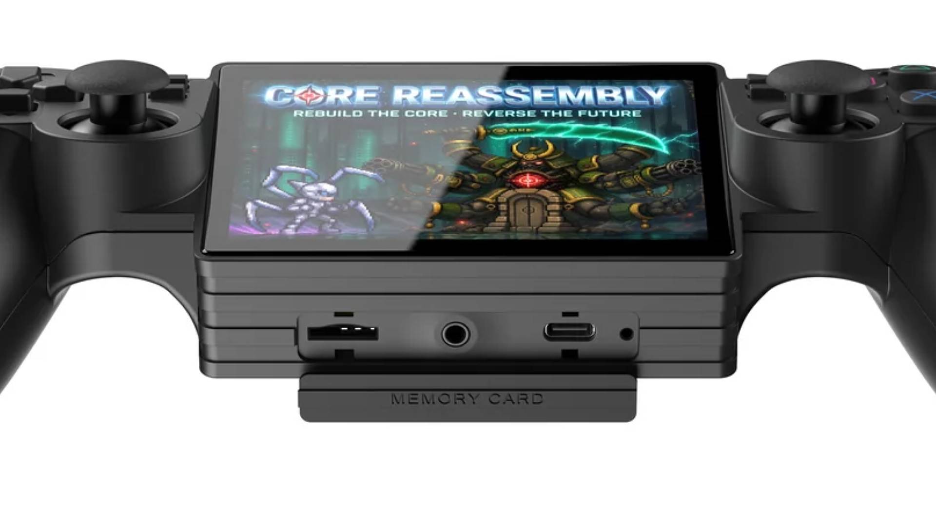 Close up of Yoniq Portal PS2 handheld microSD, headphone jack, and USB-C ports with "Memory card" cover slid down.