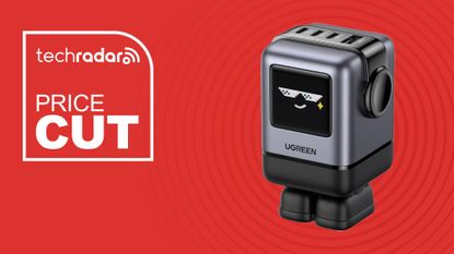 UGreen Uno Charger 100W on red background with the words 'TechRadar: price cut'