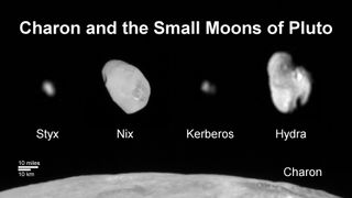 This composite image shows a sliver of Pluto’s large moon, Charon, and all four of Pluto’s small moons, as resolved by the Long Range Reconnaissance Imager (LORRI) on the New Horizons spacecraft.