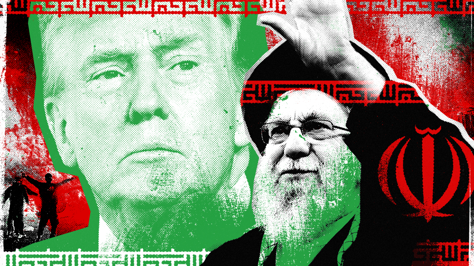 Illustration of Donald Trump, Ali Khamenei, and protest scenes from Tehran