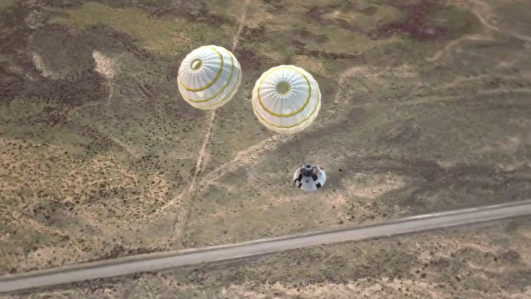 Screenshot of Orion deploying its two drogue parachutes during a test in 2009.