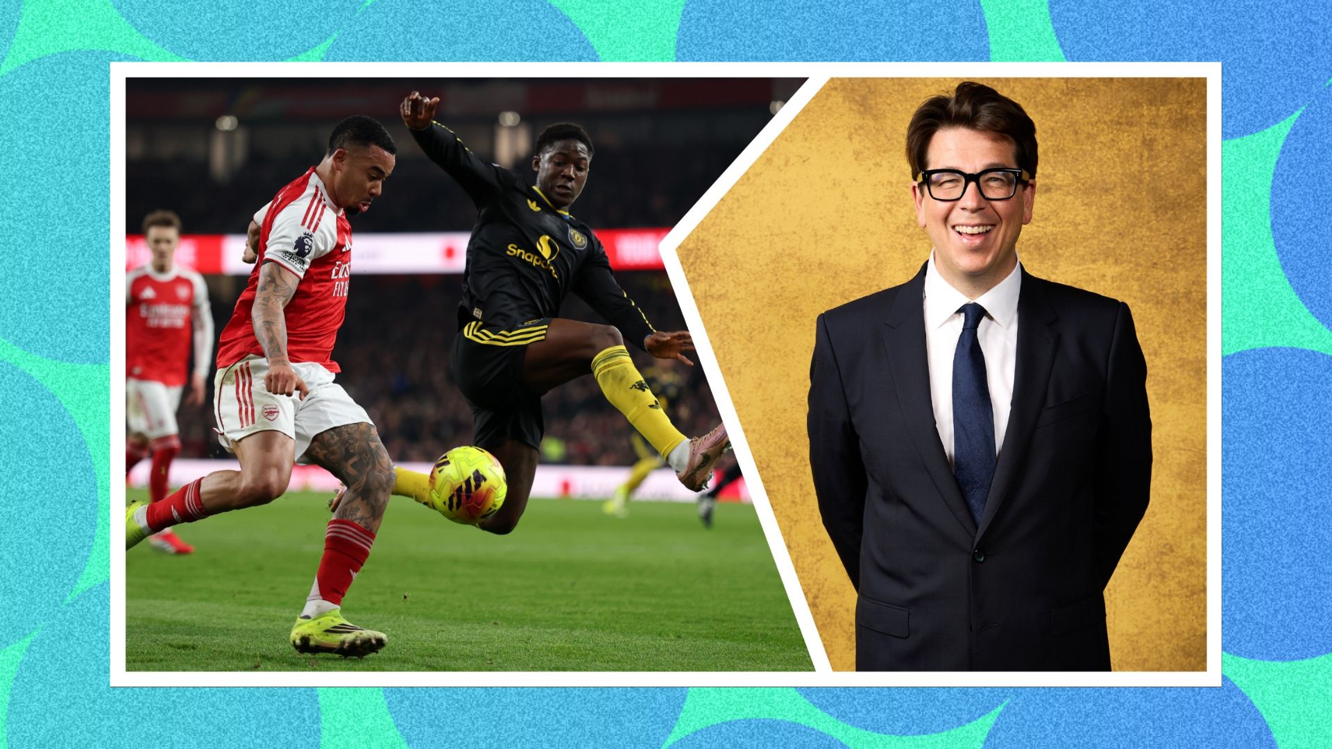 two images spliced together against a blue-green background. The left shows Gabriel Jesus of Arsenal and Kobbie Mainoo of Manchester United during the Premier League match between Arsenal and Manchester United at Emirates Stadium on January 25, 2026, the right shows Michael McIntyre poses in the studio during the NTA's 2025 at The O2 Arena on September 10, 202