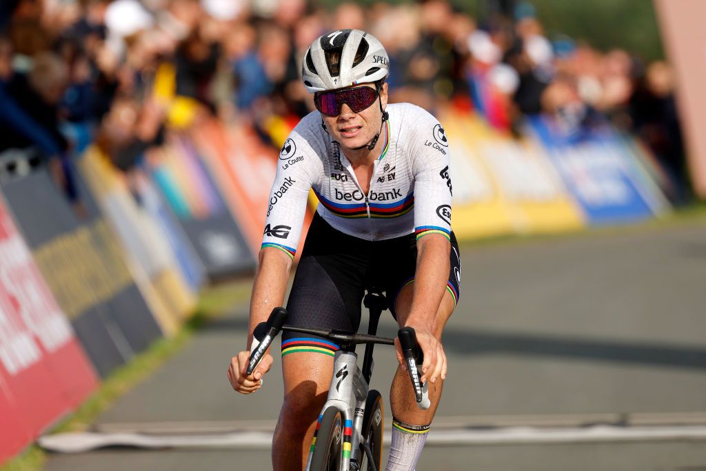 World champion Lotte Kopecky crosses the line in third place at the elite women&#039;s road race at the UEC Road European Championships 2023