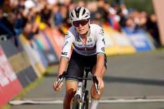 World champion Lotte Kopecky crosses the line in third place at the elite women's road race at the UEC Road European Championships 2023