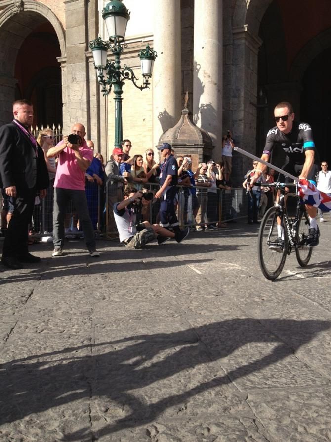 Team Skys Bradley Wiggins rolls out into the piazza to be presented