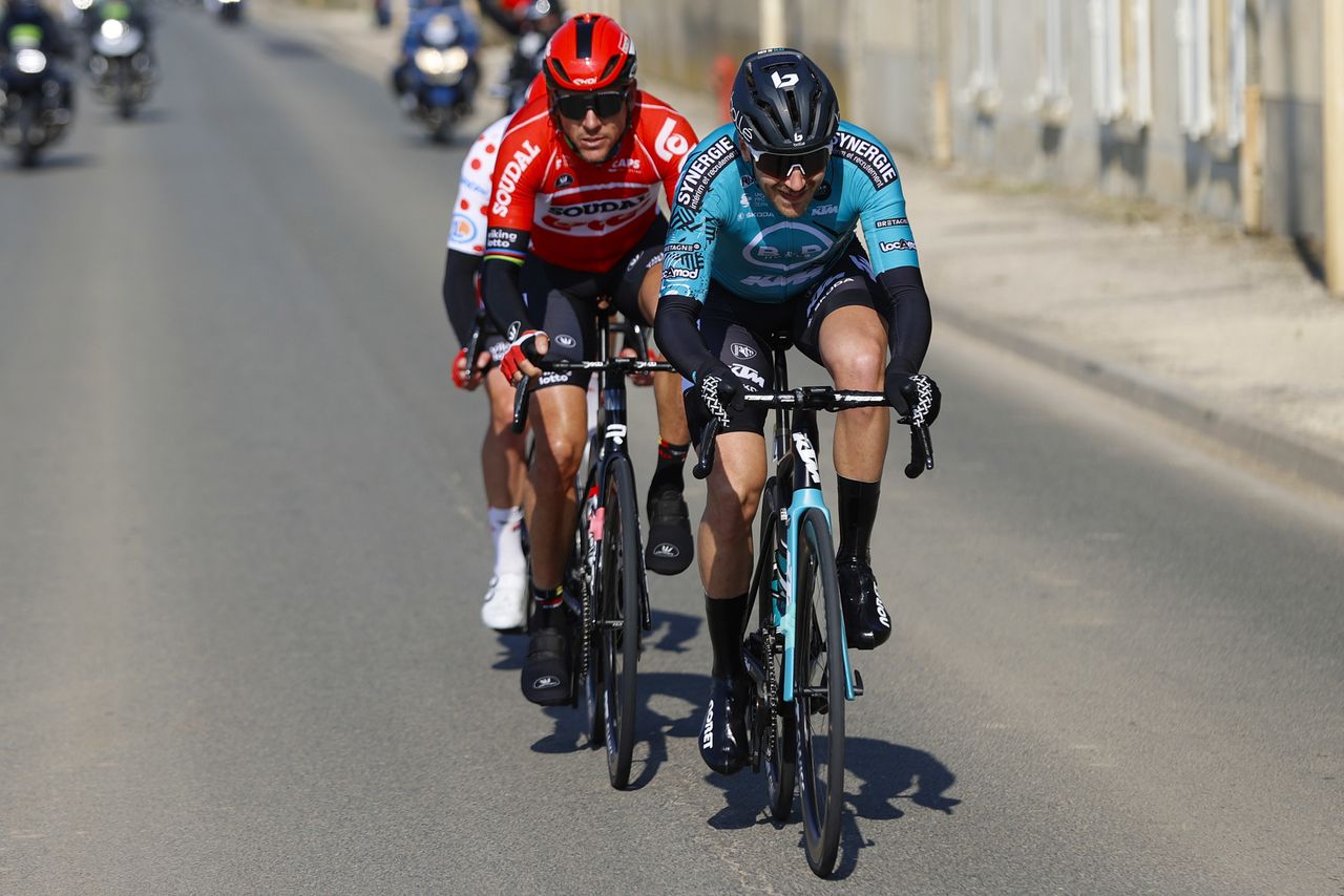 Paris Nice 2022 - 80th Edition - 2nd stage Auffargis - Orleans 159,2 km - 07/03/2022 - Alexis Gougeard (FRA - B&amp;B Hotels - KTM) - Philippe Gilbert (BEL - Lotto Soudal) - photo Luis Angel Gomez/SprintCyclingAgency&Acirc;&copy;2022