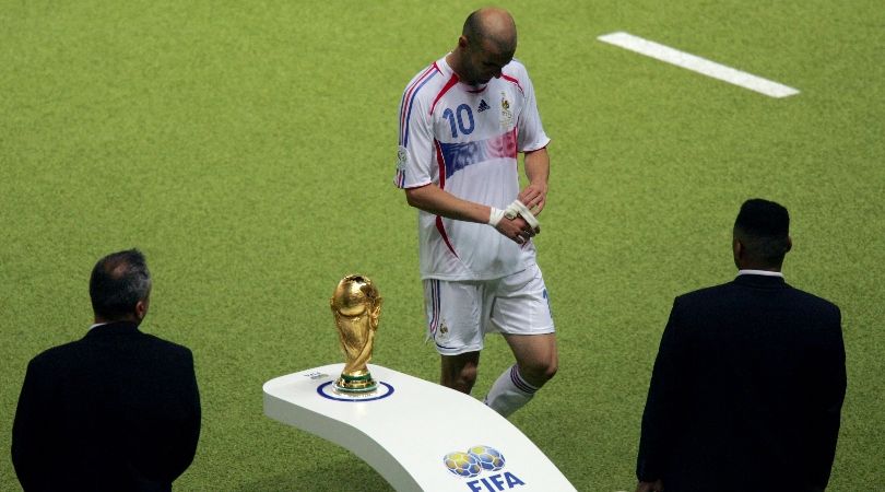 Zinedine Zidane walks past the World Cup trophy following his red card in France&#039;s World Cup final loss to Italy in 2006.