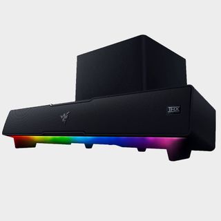 Razer Leviathan V2 soundbar and subwoofer with RGB lighting and grey backdrop