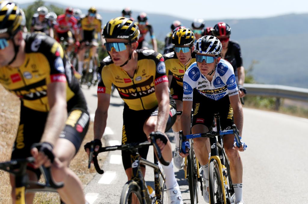 ESPINOSA DE LOS MONTEROS SPAIN AUGUST 16 Sepp Kuss of United States and Team Jumbo Visma polka dot mountain jersey competes during the 76th Tour of Spain 2021 Stage 3 a 2028km stage from Santo Domingo de Silos to Espinosa de los Monteros Picn Blanco 1485m lavuelta LaVuelta21 CapitalMundialdelCiclismo on August 16 2021 in Espinosa de los Monteros Spain Photo by Gonzalo Arroyo MorenoGetty Images