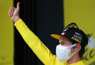 LARUNS FRANCE SEPTEMBER 06 Podium Primoz Roglic of Slovenia and Team Jumbo Visma Yellow Leader Jersey Celebration Lion Mascot Trophy during the 107th Tour de France 2020 Stage 9 a 153km stage from Pau to Laruns 495m TDF2020 LeTour on September 06 2020 in Laruns France Photo by Thibault Camus PoolGetty Images