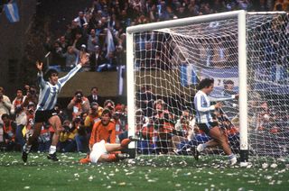 Mario Kempes celebrates after scoring his second goal for Argentina against the Netherlands in the 1978 World Cup final.