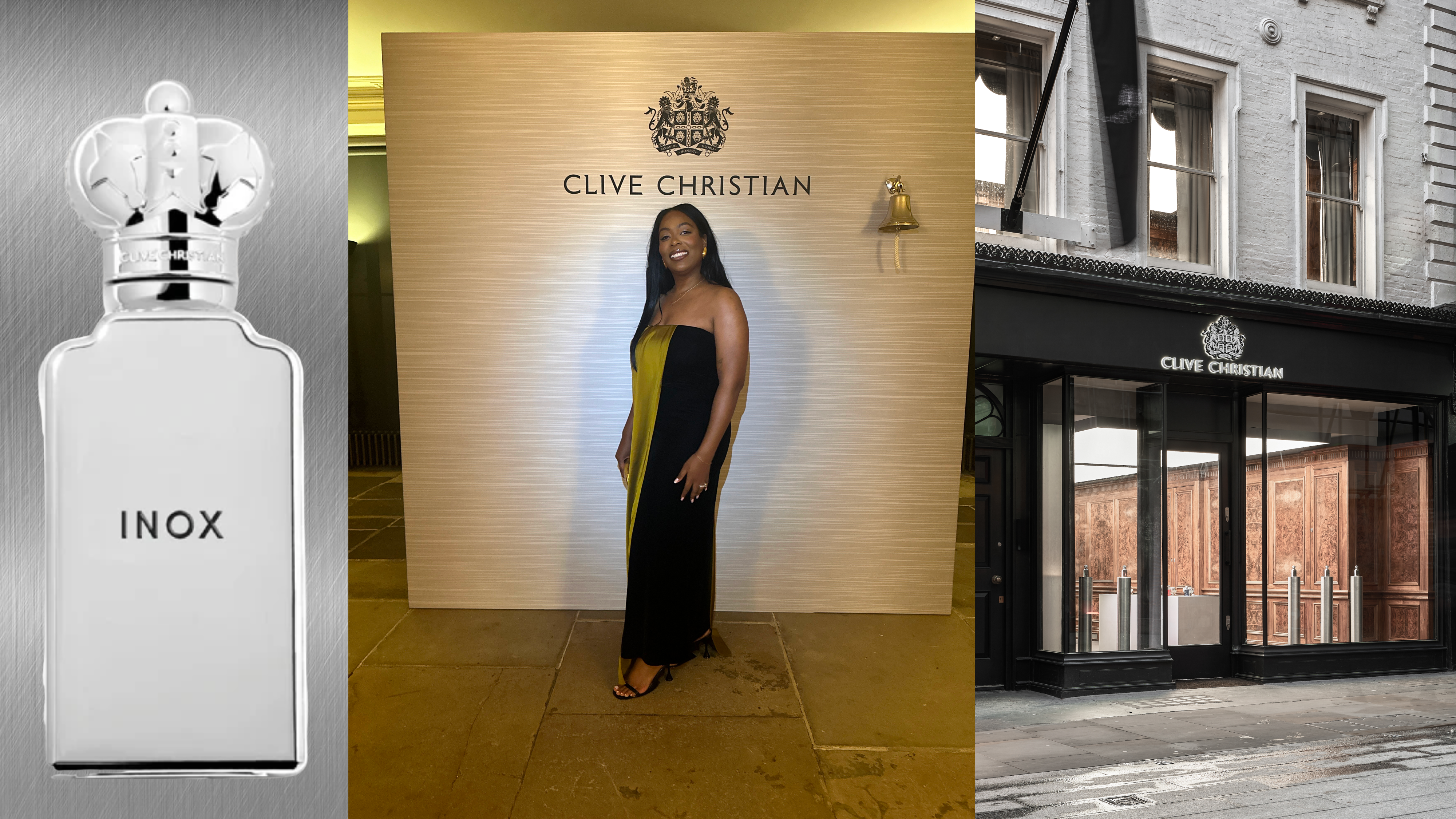 A woman in a yellow and black dress next to an image of the clive christian flagship store as well as a bottle of the brand's fragrance, Inox.