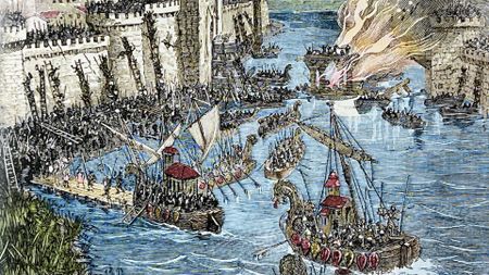 An illustration of Viking ships attacking a city