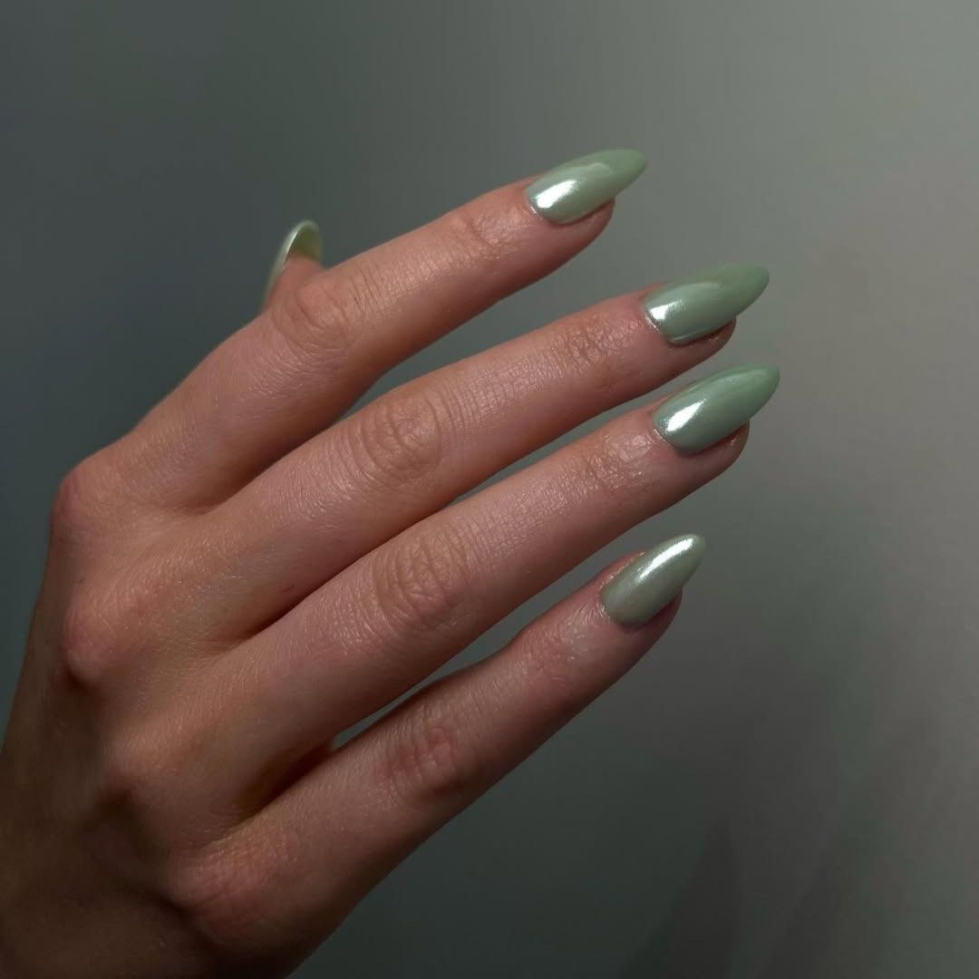An image of sage green glazed nails.