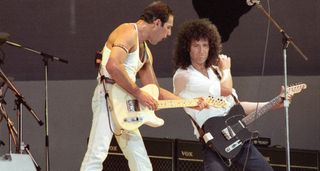 Freddie Mercury and Brian May playing Fender Telecasters onstage at Wembley during Queen's legendary Live Aid performance.