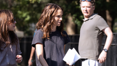 Natalie Portman on set for Good Sex wearing boxy jeans and a t-shirt