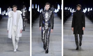 three images of male models on a runway wearing various styles of leathers in black and silver