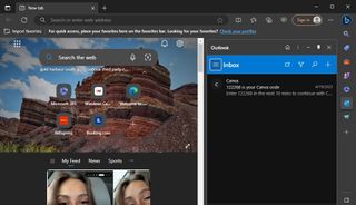 Microsoft Edge browser with Outlook opened on the sidebar