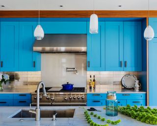Traditional blue kitchen with stainless steel cooker