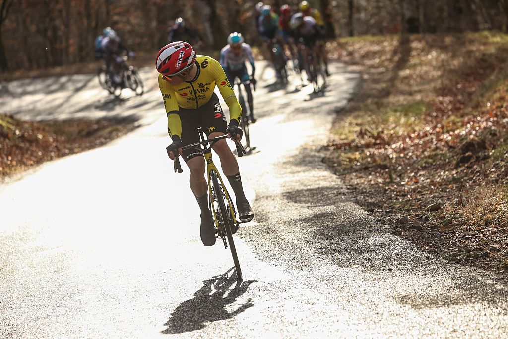 Team Visma-Lease a Bike's Danish rider Jonas Vingegaard (C) cycles in the final kilometers of the 4th stage of the Paris-Nice cycling race, 163,4 km between Vichy and La Loge des Gardes, on March 12, 2025. (Photo by Anne-Christine POUJOULAT / AFP)