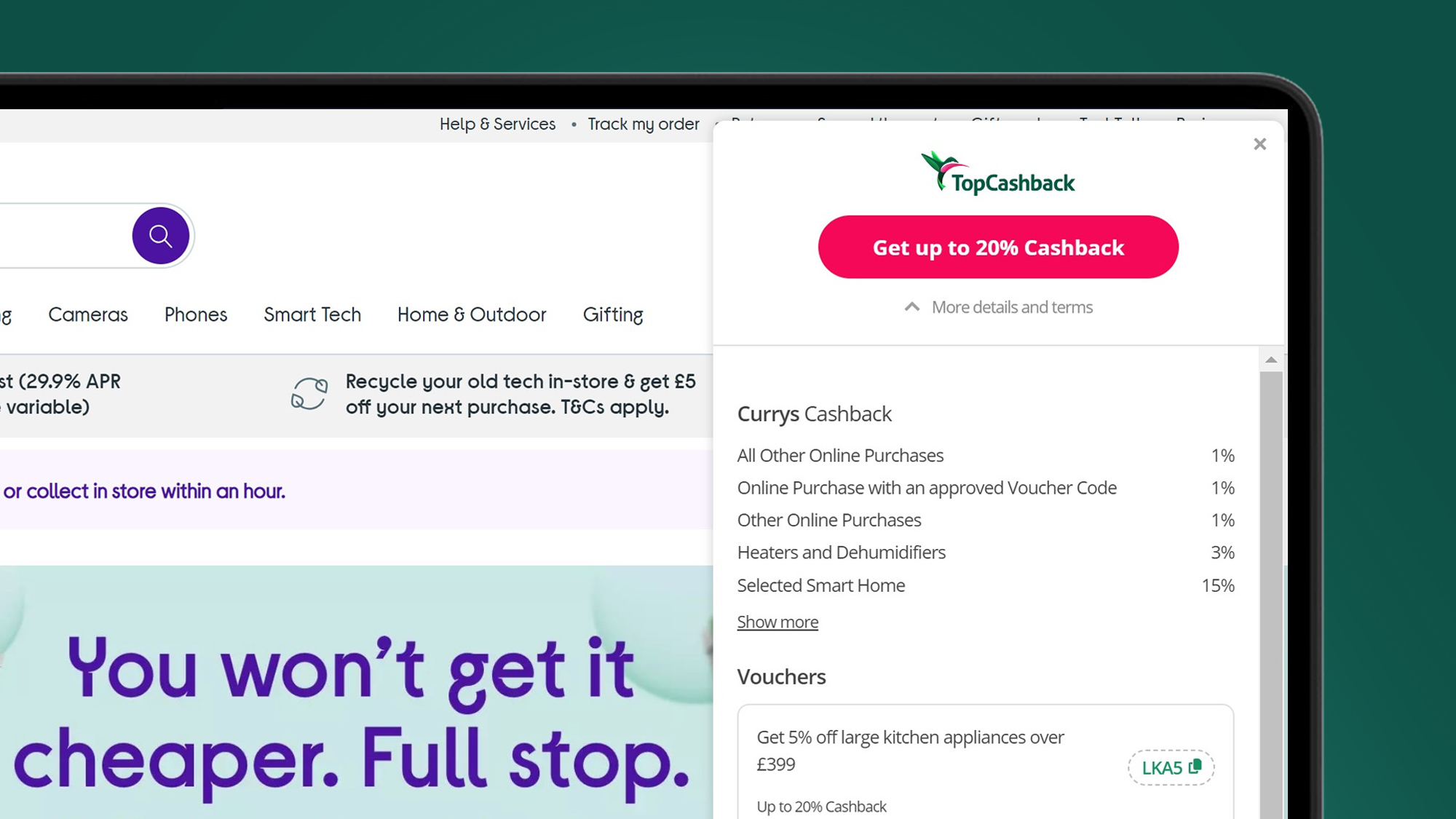 A laptop screen on a green background showing the TopCashback Chrome extensions
