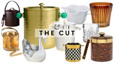 Chic ice buckets for summer outdoor entertaining pictured against a white background, including styles ranging from woven leather, resin, surrealist swan shapes, cut crystal, and faux tortoise.
