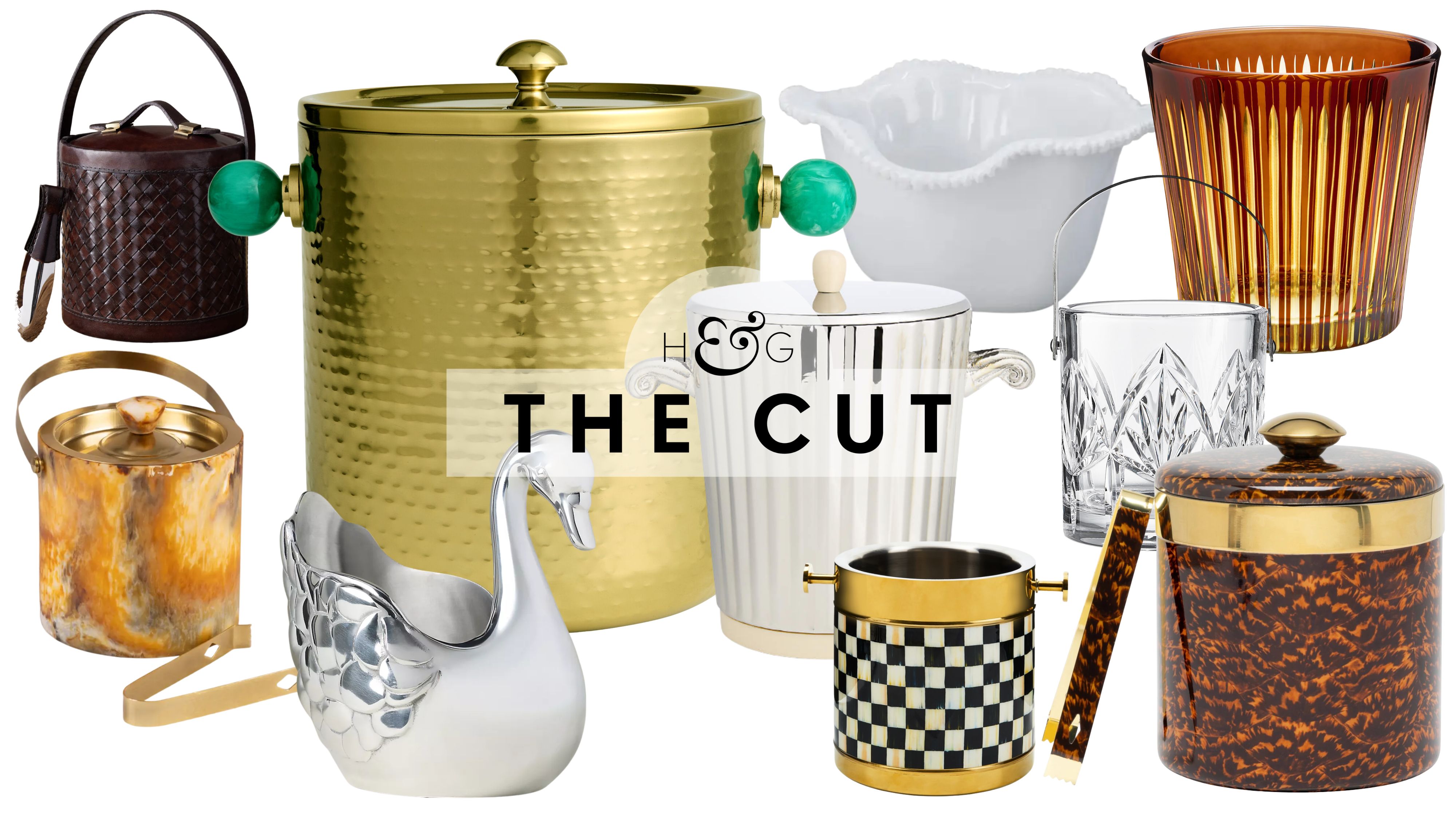 Chic ice buckets for summer outdoor entertaining pictured against a white background, including styles ranging from woven leather, resin, surrealist swan shapes, cut crystal, and faux tortoise.