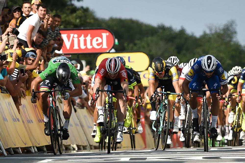 The sprinters beard down on the line during stage 4 at the Tour de France