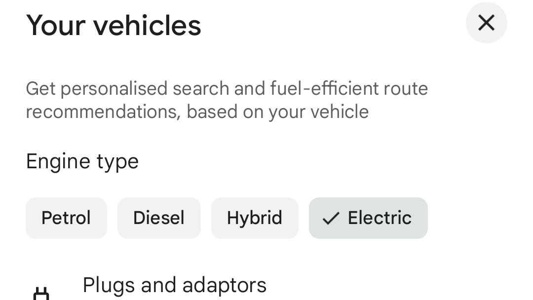 Google Maps screenshot showing fuel type selector.