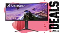 LG Ultragear ultrawide monitor on a pink deals background