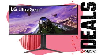 LG Ultragear ultrawide monitor on a pink deals background