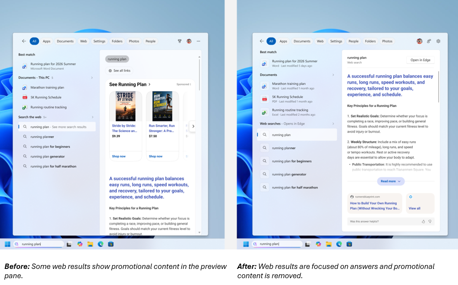 Comparison between old and new search results pane