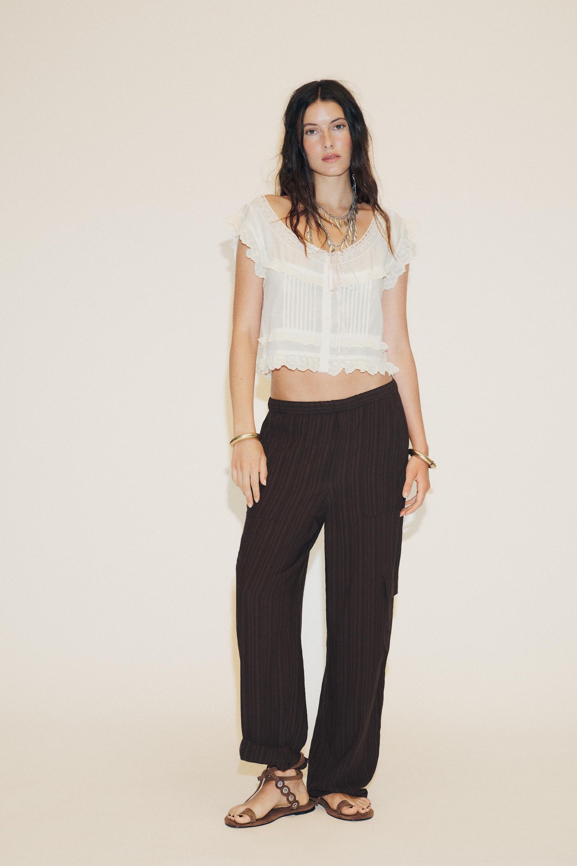 Embroidered Gauze Bow Crop Top