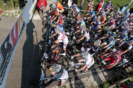 Looking down on the start of the U23 men's race