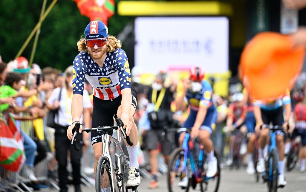 US Quinn Simmons of LidlTrek pictured in action during the start of the third stage of the Tour de France cycling race a 1874 km race from AmorebietaEtxano to Bayonne France Monday 03 July 2023 This years Tour de France takes place from 01 to 23 July 2023 BELGA PHOTO JASPER JACOBS Photo by JASPER JACOBS BELGA MAG Belga via AFP Photo by JASPER JACOBSBELGA MAGAFP via Getty Images