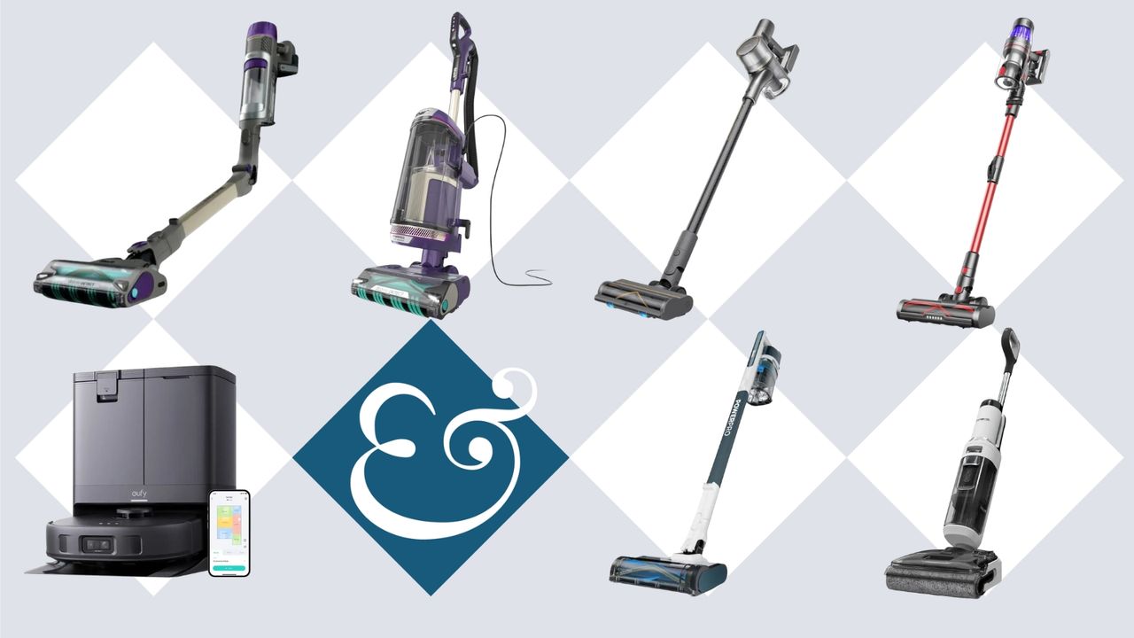 Seven Shark, Dreame, ultenic, eufy, and Tineco vacuums on tile background with Homes &amp; Gardens &#039;&amp;&#039; logo.