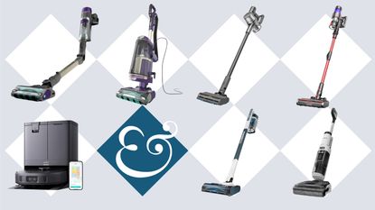 Seven Shark, Dreame, ultenic, eufy, and Tineco vacuums on tile background with Homes & Gardens '&' logo.