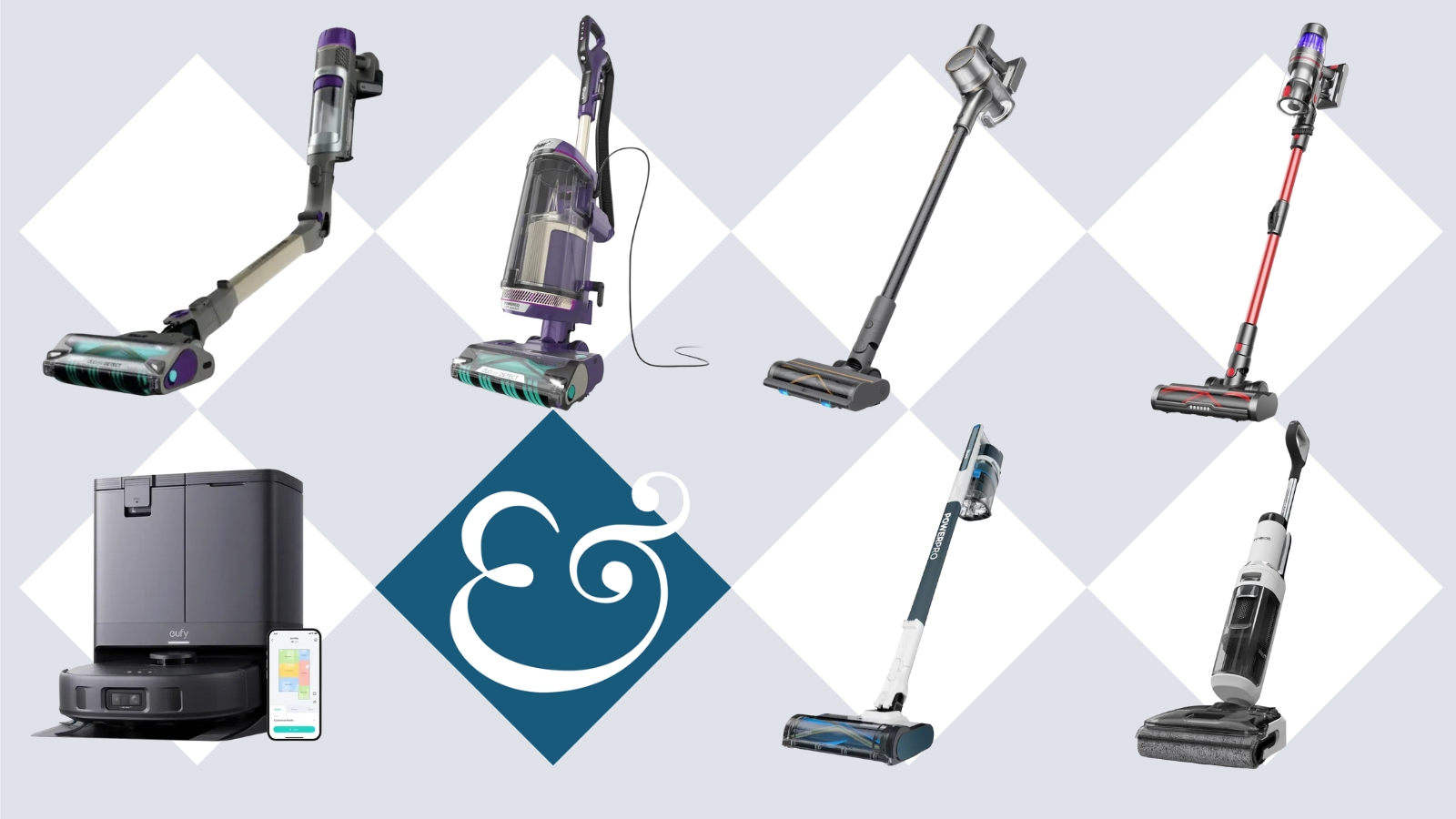 Seven Shark, Dreame, ultenic, eufy, and Tineco vacuums on tile background with Homes &amp; Gardens &#039;&amp;&#039; logo.