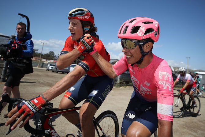 Stage 5 winner Ivan Garcia Cortina (Bahrain-Merida) is congratulated by third-placed Sergio Higuita (EF Education First)