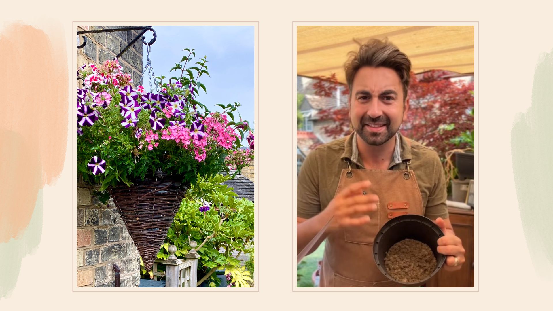 composite of hanging basket and screenshot of Ish's video with wool pellets 