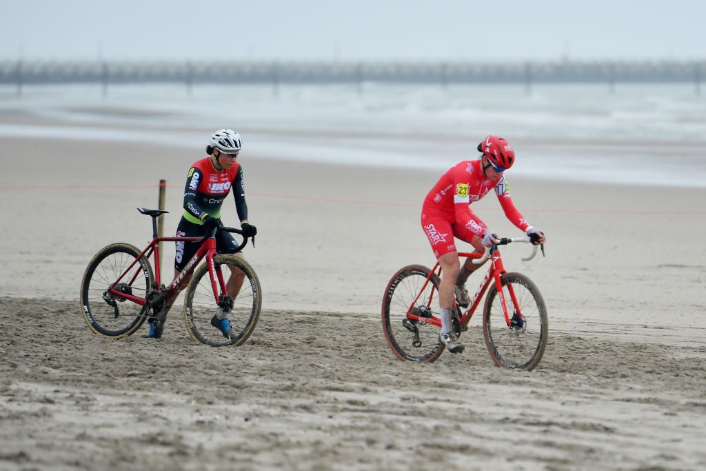 MIDDELKERKE BELGIUM JANUARY 08 LR Sanne Cant of Belgium and Marion Norbert Riberolle of Belgium compete during the 105th Belgian National Cyclocross Championships 2022 Womens Elite bkmiddelkerke on January 08 2022 in Middelkerke Belgium Photo by Luc ClaessenGetty Images
