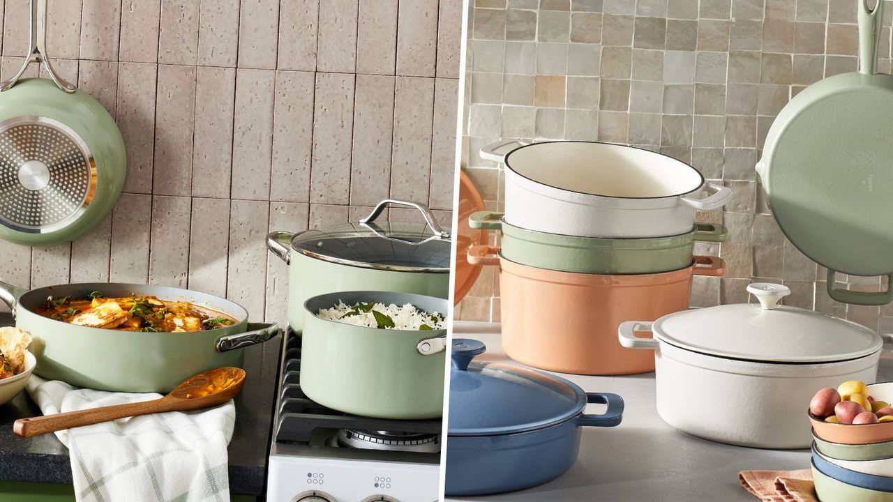 Two pictures of Target&#039;s Figmint kitchen range, with colorful cookware on countertops and stoves