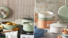 Two pictures of Target's Figmint kitchen range, with colorful cookware on countertops and stoves