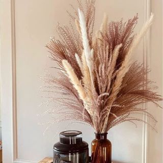 Pampered Pampas Natural Dried Pampas Grass in amber glass bottle displayed in a home
