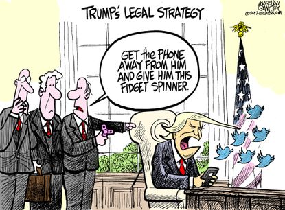 Political cartoon U.S. Trump tweets fidget spinner Russia investigation