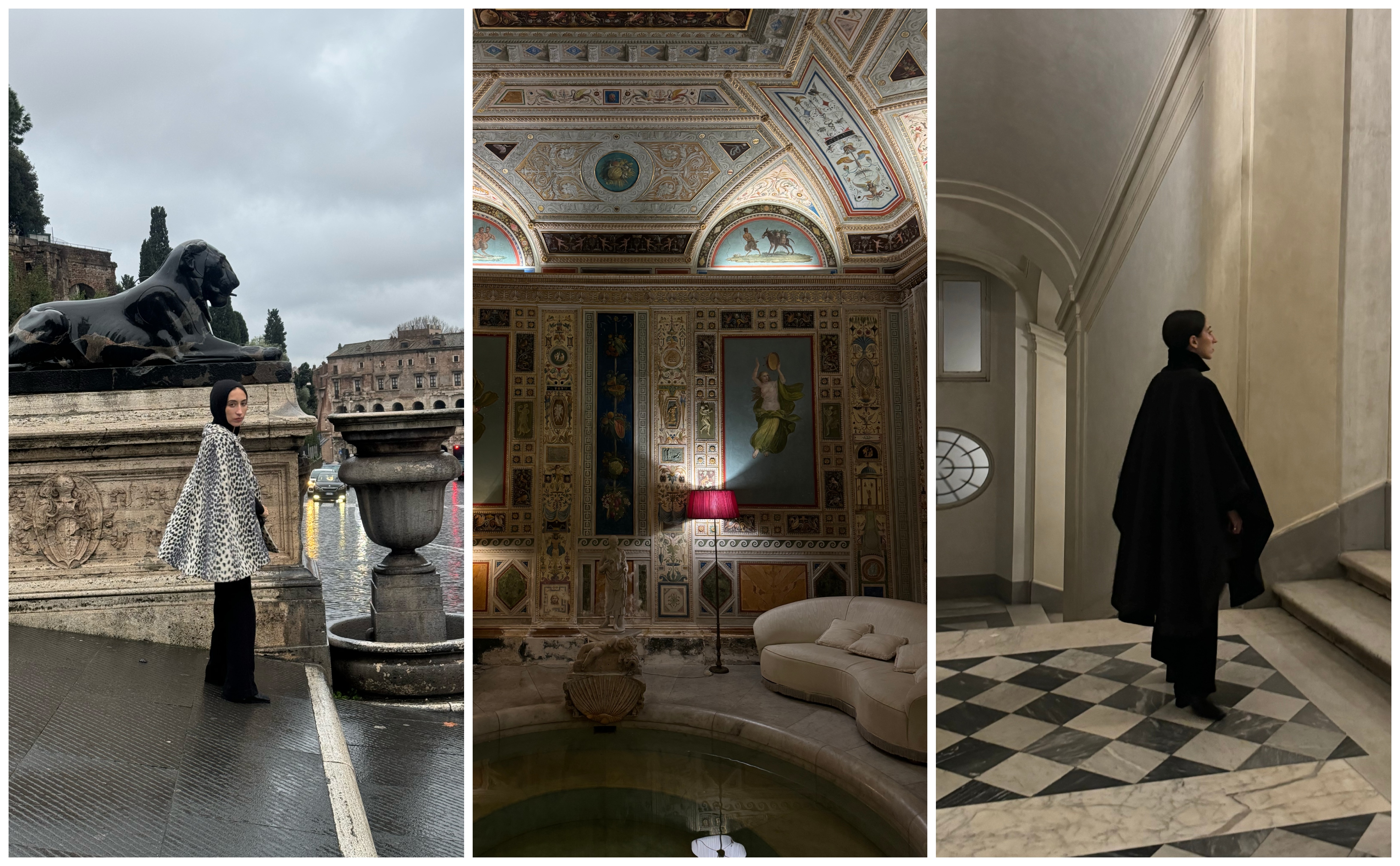 Alexis Badiyi wearing a leopard print cape; an image of a Roman museum; Alexis Badiyi wearing a black cape