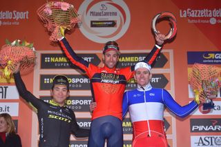 Caleb Ewan, Vincenzo Nibali and Arnaud Demare on the Milan-San Remo podium