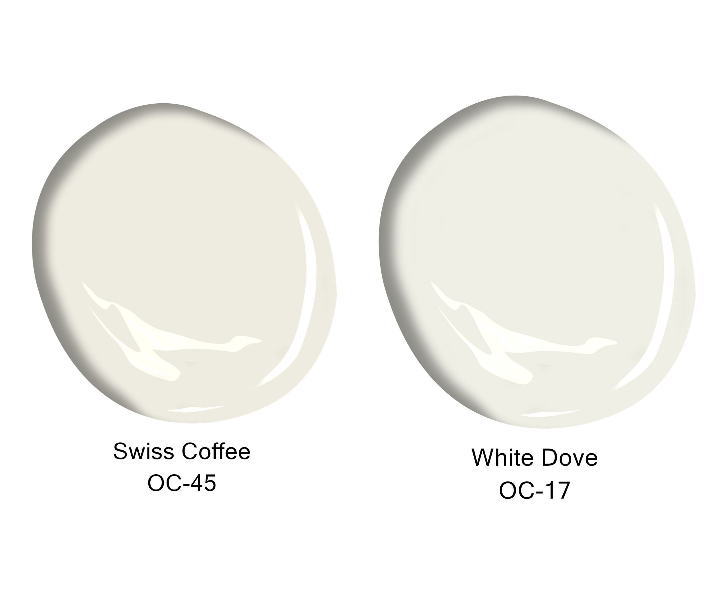 Swatches of Swiss Coffee and White Dove white paints
