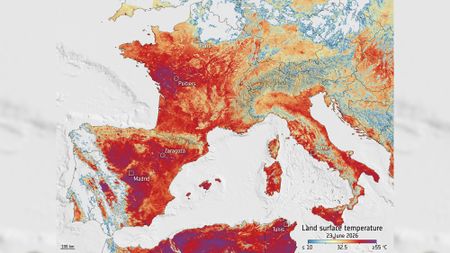 a colorized map of europe showing france and spain in bright red