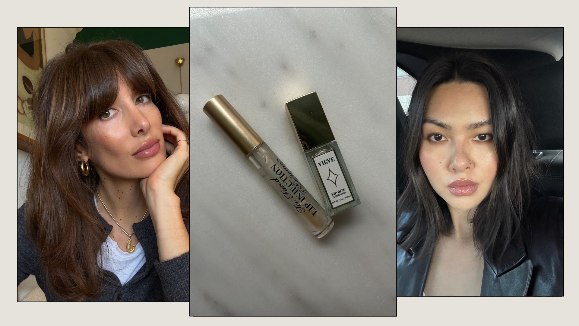 A collage of two women wearing glossy lip products and two of the best clear lip glosses on a marble background